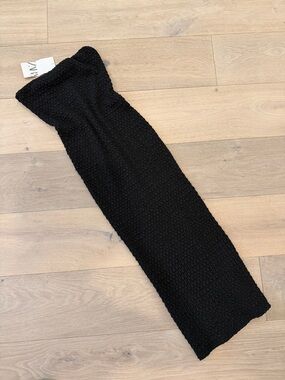 Zara Black Strapless Textured Midi Dress